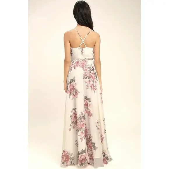 NEW Elegantly Inclined Cream Floral Print Wrap Maxi Dress L - Picture 5 of 5
